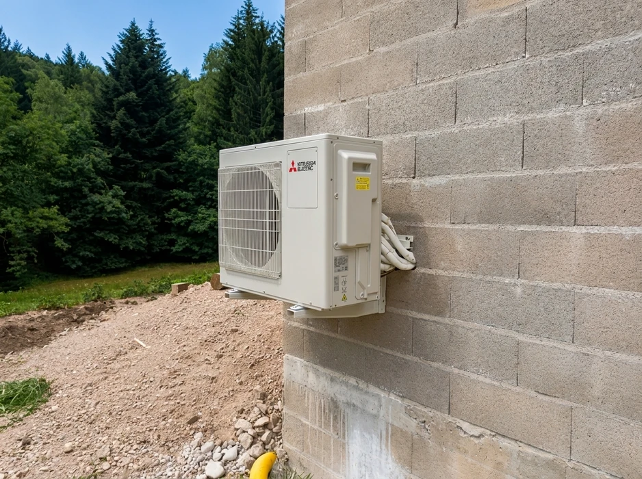 Unité extérieure de climatisation réversible **Mitsubishi Electric** fixée en hauteur sur un mur en parpaings, installation neuve en extérieur