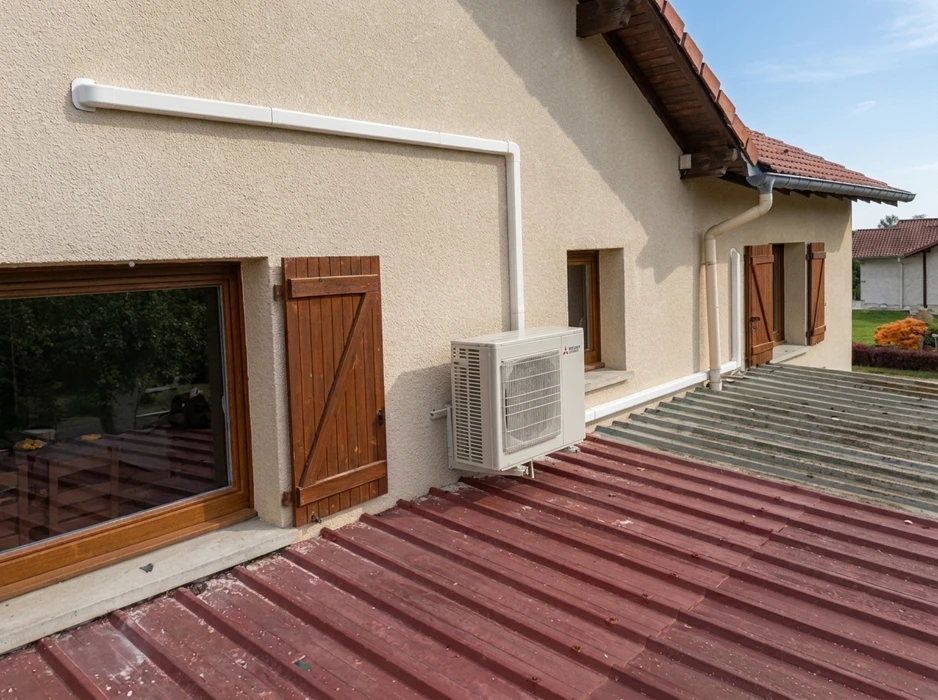 Façade extérieure d'une maison individuelle avec unité extérieure de climatisation **Mitsubishi Electric** montée sur un toit en tôle ondulée rouge