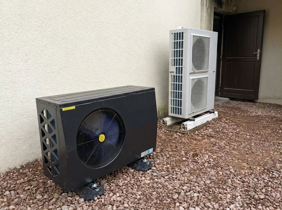 Intérieur résidentiel avec climatiseur mural blanc monté au plafond en fonctionnement, diffusant de l'air frais visible par effet de brume