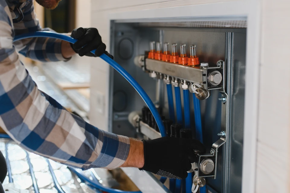 Professionnel en uniforme bleu devant pavillon résidentiel, tenant clipboard et stylo