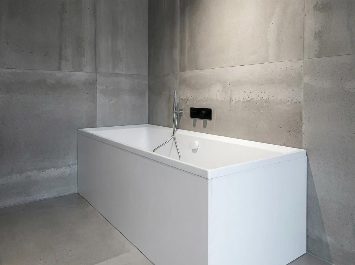 Extérieur d'un bâtiment résidentiel avec unité de climatisation installée sur socle béton contre façade orange