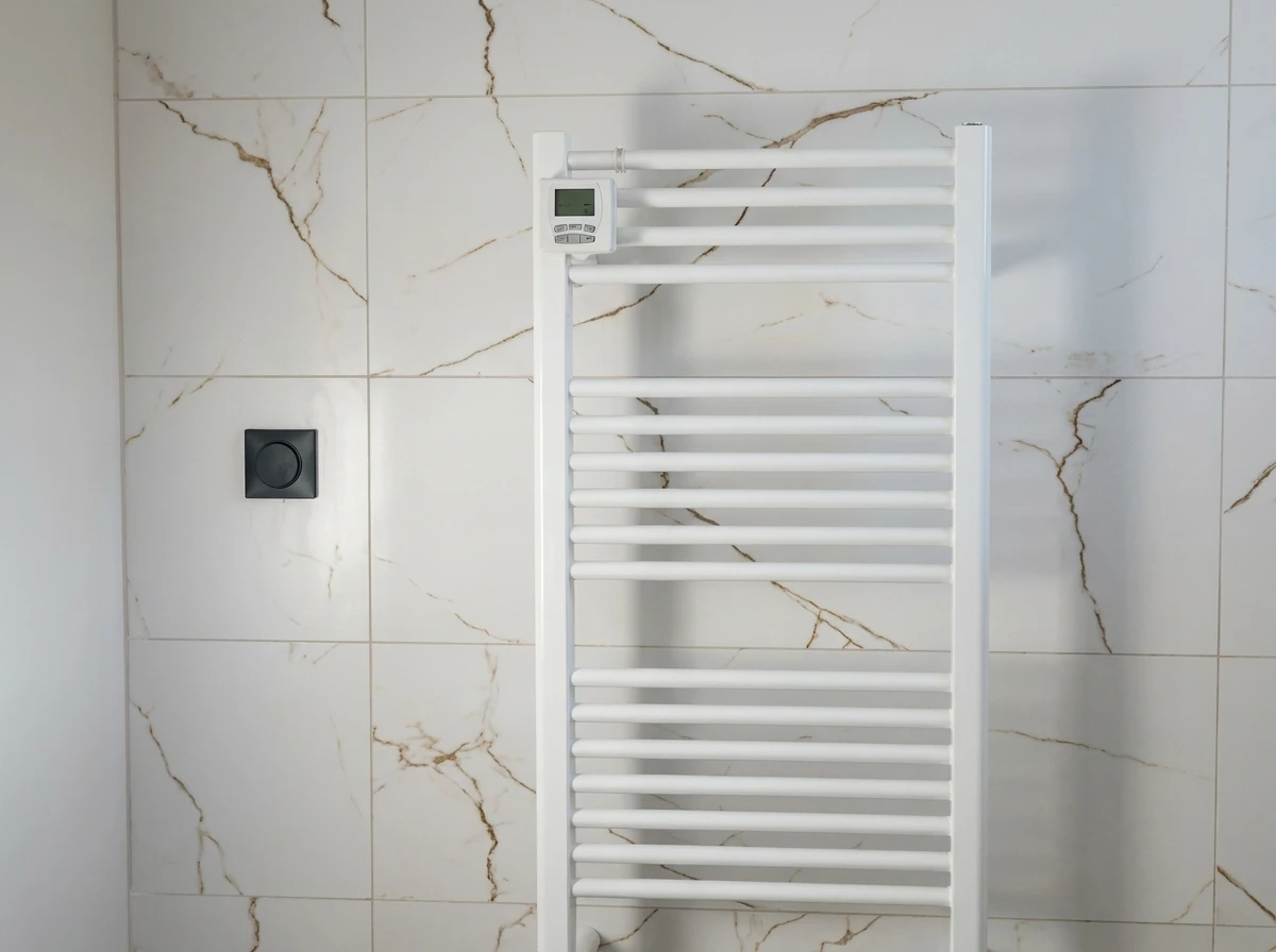 Local technique moderne avec chaudière murale blanche connectée à un ballon d'eau chaude sanitaire cylindrique